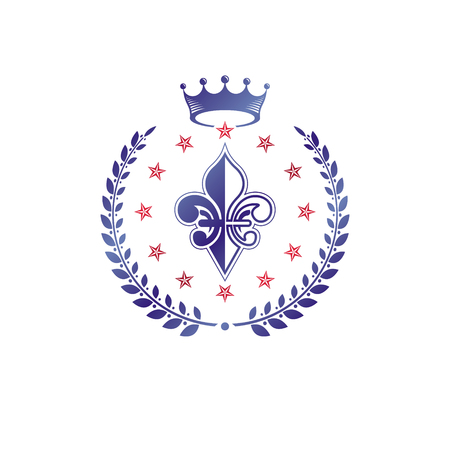Retro vintage Insignia composed using lily flower, imperial crown and pentagonal stars. Vector royal quality idea design element, Fleur-De-Lis.のイラスト素材