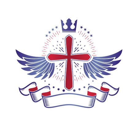 Winged Christian Cross emblem composed with royal crown and luxury ribbon. Heraldic Coat of Arms decorative logo isolated vector illustration. Religion and spirituality theme symbol.のイラスト素材