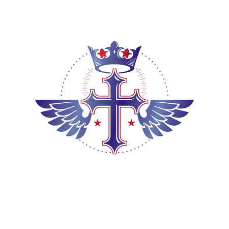 Cross Religious graphic emblem created using imperial crown and angel wings, Christian crucifixion. Heraldic Coat of Arms, vintage vector logo isolated on white background.のイラスト素材