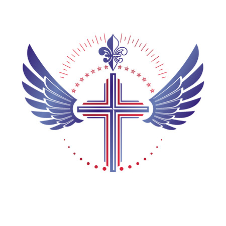 Cross of Christianity Religion emblem composed with bird wings and royal Lily flower. Heraldic Coat of Arms decorative logo isolated vector illustration. Guardian angel.のイラスト素材