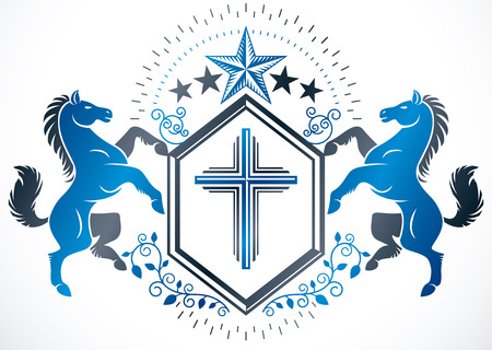 Classy emblem, vector heraldic Coat of Arms created with religious cross, graceful horse illustration and royal crown.のイラスト素材