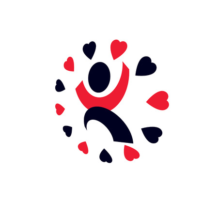 Medical rehabilitation abstract logotype. Charity and volunteer conceptual icon. Vector illustration of excited person with raised hands up.のイラスト素材