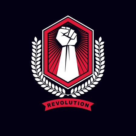 Vector symbol made using raised arm of a muscular male, protection shield and laurel wreath. Best fighter vector symbol, triumph concept.のイラスト素材