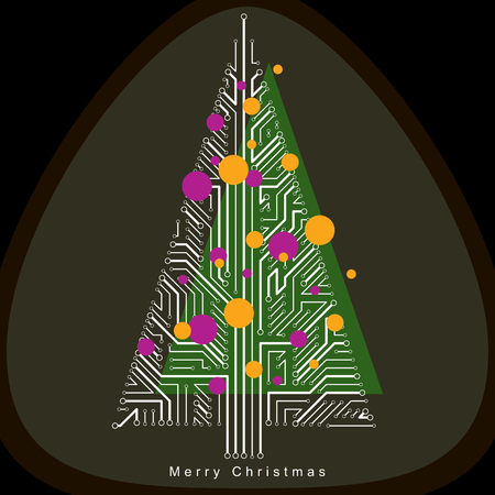 Vector illustration of futuristic evergreen Christmas tree, technology and science conceptual design. Holidays and celebration idea. Technology and nature balance concept.のイラスト素材