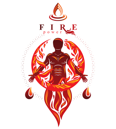 Vector graphic illustration of strong male, body silhouette standing. Fire person as bunch of the powerful energy covered with a fireball.のイラスト素材