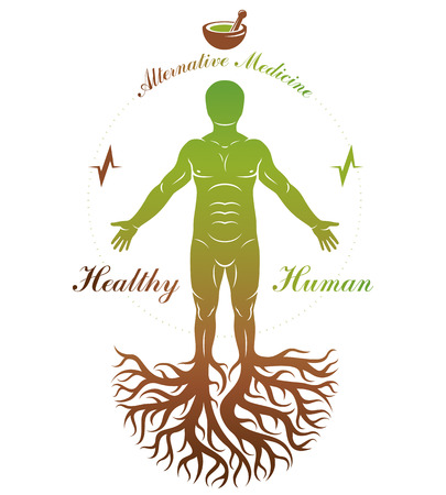 Vector graphic illustration of strong male depicted as continuation of tree and composed with mortar and pestle. Phytotherapy metaphor, healthy lifestyle concept.のイラスト素材