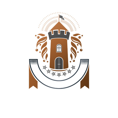 Ancient Fortress emblem. Heraldic Coat of Arms, vintage vector logo. Antique logotype in old style on isolated white background.のイラスト素材
