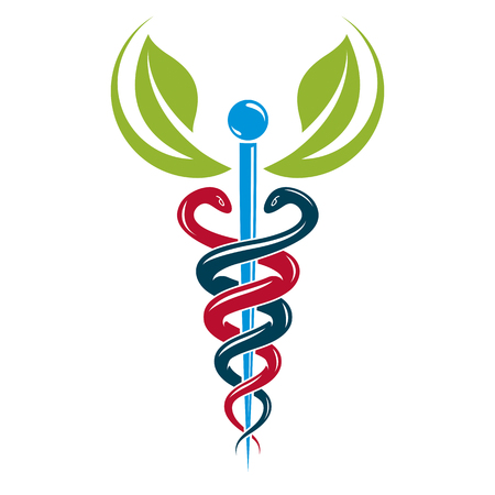 Aesculapius vector abstract illustration created using snakes and green leaves, Caduceus symbol. Healthy lifestyle is strong heart.のイラスト素材