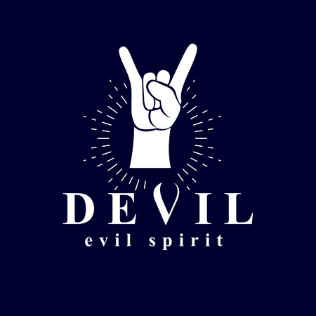 Rock on hand sign created with a devil inscription, evil spirit logo.のイラスト素材