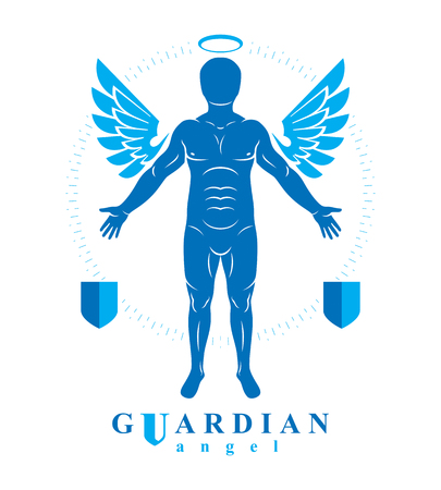 Vector individual, mystic character created with angel wings and halo. Seraph, belief in God is free as bird.のイラスト素材