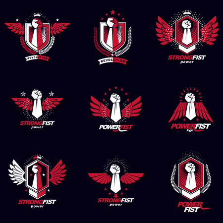 Vector illustrations collection made using raised fist of active strong person, eagle wings, laurel wreath and different graphic elements. Boxing association logos.のイラスト素材