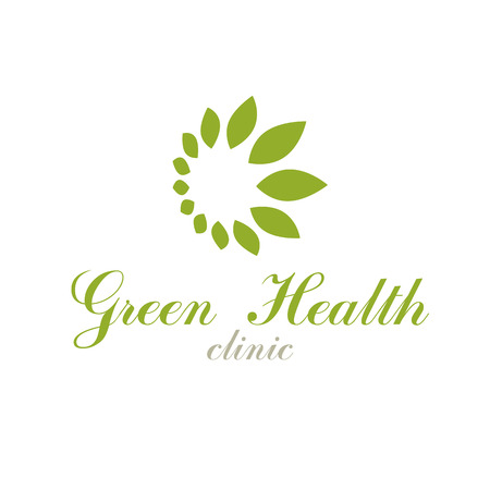 Green leaves isolated on white background. Living in harmony with nature concept, green health idea vector logo.のイラスト素材