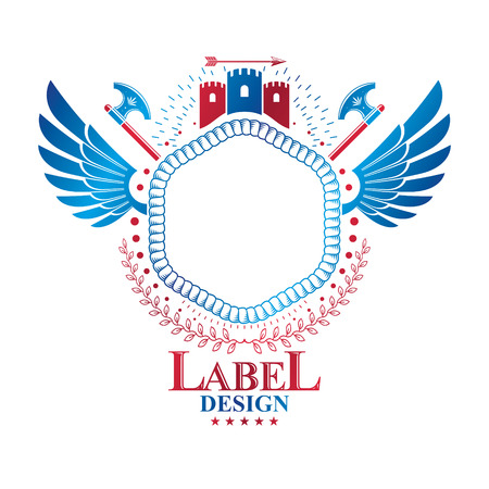 Ancient Fortress emblem with eagle wings and hatchets. Heraldic Coat of Arms, vintage vector logo created using historic tower and decorative ribbon.のイラスト素材