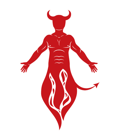 Vector human being standing in flame. Mystic infernal horned Satan, evil spirit.のイラスト素材