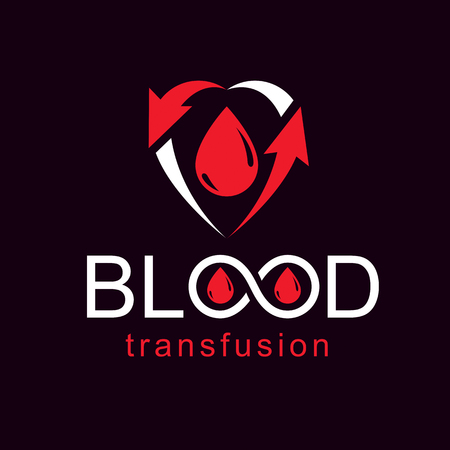 Blood transfusion vector illustration created with red blood drop, arrows and infinity symbol. Medical rehabilitation abstract logo for use in charitable organizations.のイラスト素材