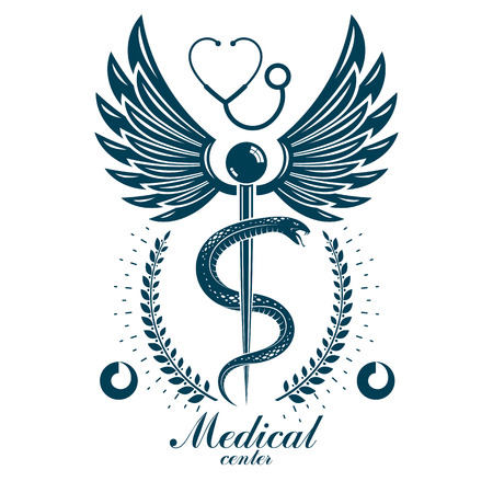 Aesculapius vector abstract business logo for use in medical treatment. Cardiovascular system diseases prevention conceptual emblem.のイラスト素材