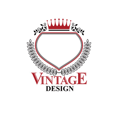 Graphic symbol composed with royal crown element and laurel wreath. Heraldic Coat of Arms decorative logo isolated vector illustration.のイラスト素材