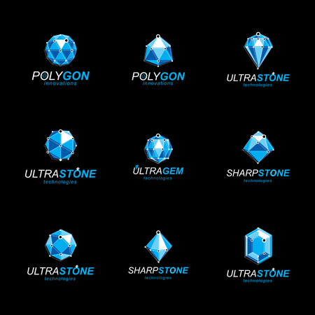 3d vector digital wireframe objects created with lines mesh. Low poly shapes collection, lattice forms. Set of gemstone icons. Graphic design.のイラスト素材