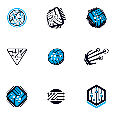 Technology innovation logos. Set of vector abstract computer circuit board, technology elements with connections. Electronics theme web design.のイラスト素材