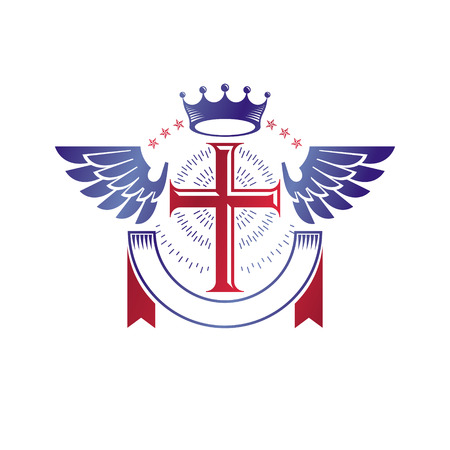 Winged Christian Cross emblem composed with royal crown and luxury ribbon. Heraldic Coat of Arms decorative logo isolated vector illustration. Religion and spirituality theme symbol.のイラスト素材