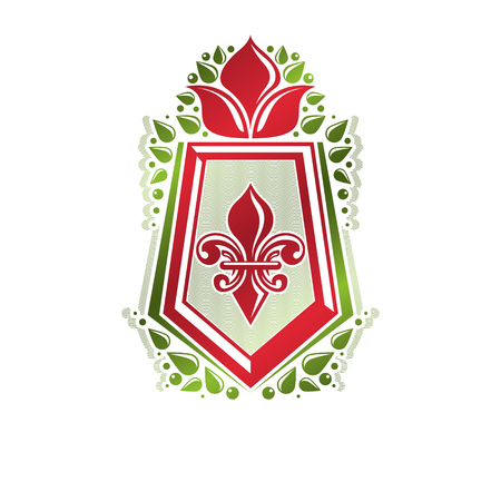 Vintage heraldic emblem created with lily flower royal symbol. Best quality product symbol, nature protection theme illustration, decorative shield.のイラスト素材