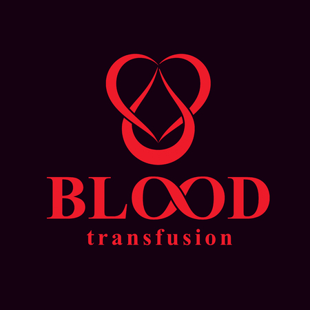 Blood transfusion inscription isolated on white and made using vector red blood drops, heart shape and limitless symbol. Take a concern about human life and health, blood donation logo.のイラスト素材