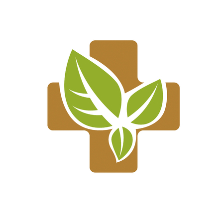 Vector illustration of religious Christianity cross composed with green spring leaves. Charity and volunteer theme. Alternative medicine concept.のイラスト素材