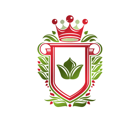 Vintage heraldic coat of arms created with imperial crown and lily flower royal symbol. Eco friendly product symbol, best quality theme illustration, defense shield made with cartouche.のイラスト素材