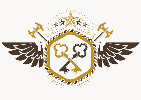 Classy emblem made with bird wings decoration, keys and pentagonal stars. Vector heraldic Coat of Arms.のイラスト素材