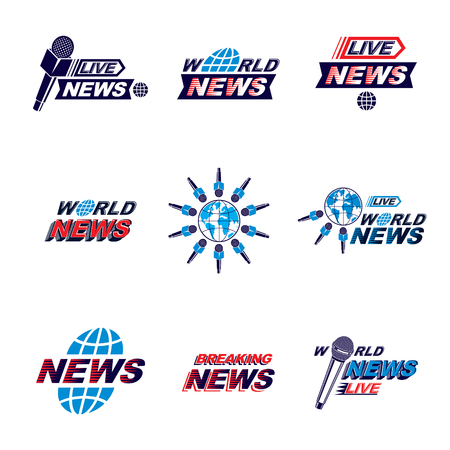 Set of public relations concept and press conference theme vector emblems and posters. Blue Earth, journalistic microphones composed with news writing. News and facts reporting.のイラスト素材