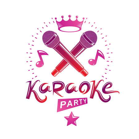 Microphone audio equipment composed with musical notes, can be used as vector emblem for karaoke party advertising and nightclub discotheque invitation poster.のイラスト素材