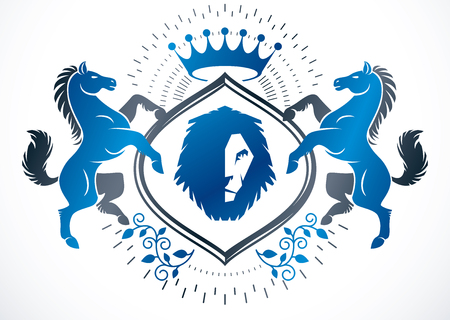 Classy emblem, vector heraldic Coat of Arms composed using graceful horse, wild lion illustration and imperial crownのイラスト素材