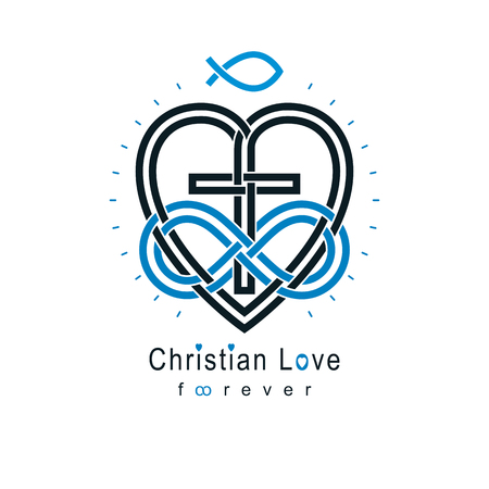 Everlasting Christian Love and True Belief in God vector creative symbol design, combined with infinity endless loop and Christian Cross, vector logo or sign.のイラスト素材