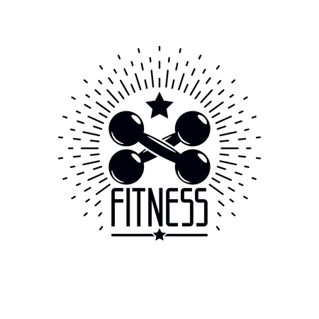 Fitness and heavyweight gym sport club logotype template, vintage style vector emblem. With dumbbell.のイラスト素材