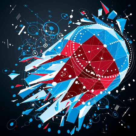 3d engineering technology vector backdrop with low poly demolished object and wireframe. Colorful mechanical scheme, dimensional abstract industrial design can be used as website background.のイラスト素材