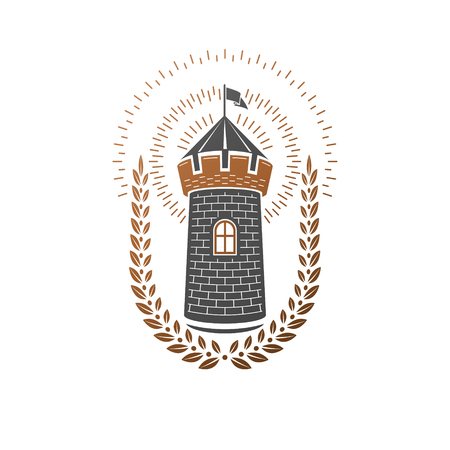 Ancient Castle emblem. Heraldic Coat of Arms decorative logo isolated vector illustration. Antique logotype in old style on white background.のイラスト素材