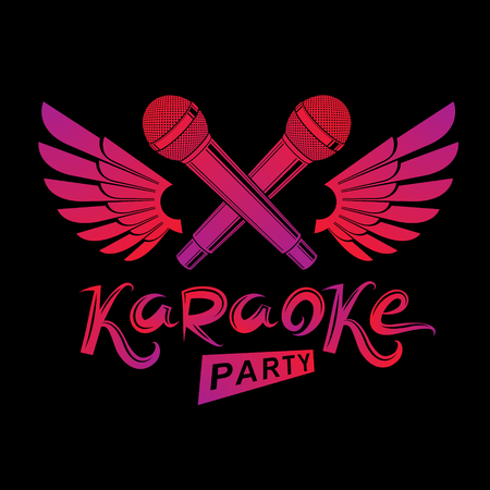 Stage microphone audio equipment created using bird wings, live music concert vector invitation emblem. Music and art makes you free, karaoke party lettering.のイラスト素材