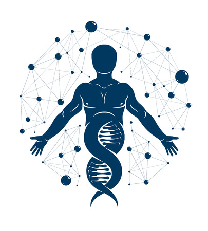 Athletic man vector illustration made using DNA symbol and futuristic molecular connections. Human as the object of biochemistry research, genetic engineering.のイラスト素材