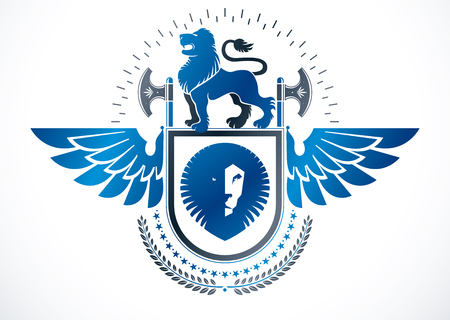 Heraldic Coat of Arms decorative winged emblem, isolated vector illustration created using wild lions, pentagonal stars and hatchets.のイラスト素材