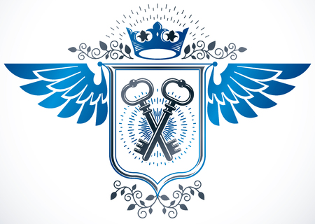 Vintage winged heraldry design template, vector emblem created using security keys and royal crownのイラスト素材