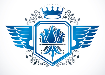 Vintage winged heraldry design template, vector emblem created using lily flower royal symbol and imperial crownのイラスト素材