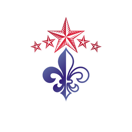 Retro vintage Insignia created with lily flower and pentagonal stars. Vector Victorian design element, quality control theme.のイラスト素材