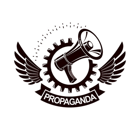 Vector winged logo composed with megaphone equipment surrounded by engineering cog wheel. Proletarian revolution abstract sign, political propaganda.のイラスト素材