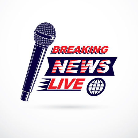 Hot news conceptual logo composed using breaking live news writing and press microphones. Global broadcasting theme illustration.のイラスト素材