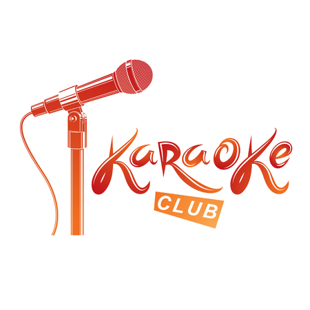 Karaoke club lettering, nightclub party invitation vector emblem created using stage microphone audio equipment.のイラスト素材