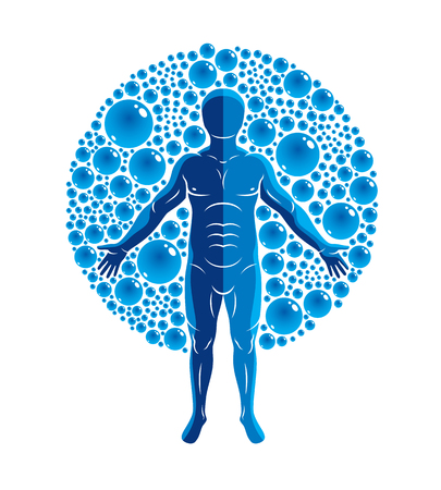 Vector illustration of athletic man isolated on white and surrounded with water bubbles, element of water. Environment conservation metaphor.のイラスト素材