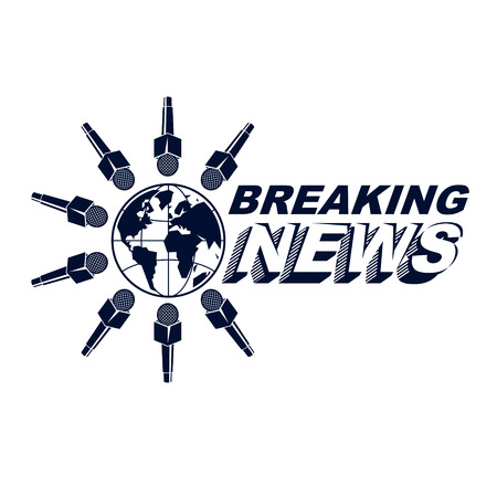 Social telecommunication theme vector logo created with Earth planet illustration surrounded with microphones and with breaking news inscription. Press conference concept.のイラスト素材