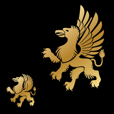 Winged Gryphon, mythical animal ancient emblems elements set. Heraldic vector design elements collection. Retro style label, heraldry logo.のイラスト素材