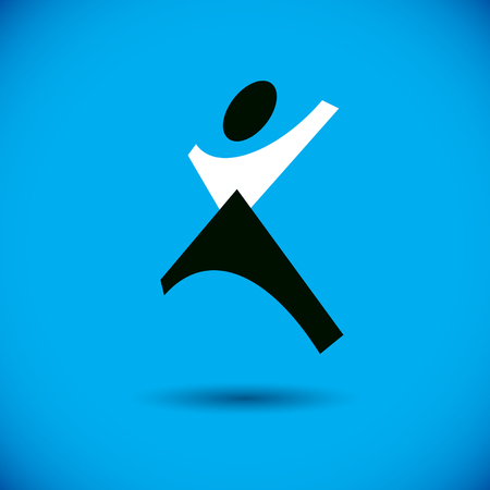 Vector illustration of joyful abstract individual with raised hands up. Liberty conceptual logotype. Happiness metaphor icon. Business innovation idea creative logo.のイラスト素材