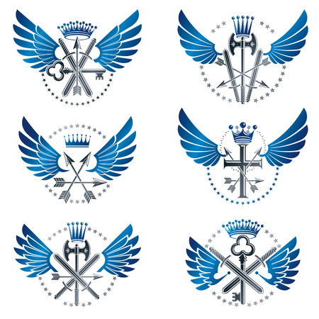 Vintage Weapon Emblems set. Heraldic coat of arms decorative emblems collection.のイラスト素材